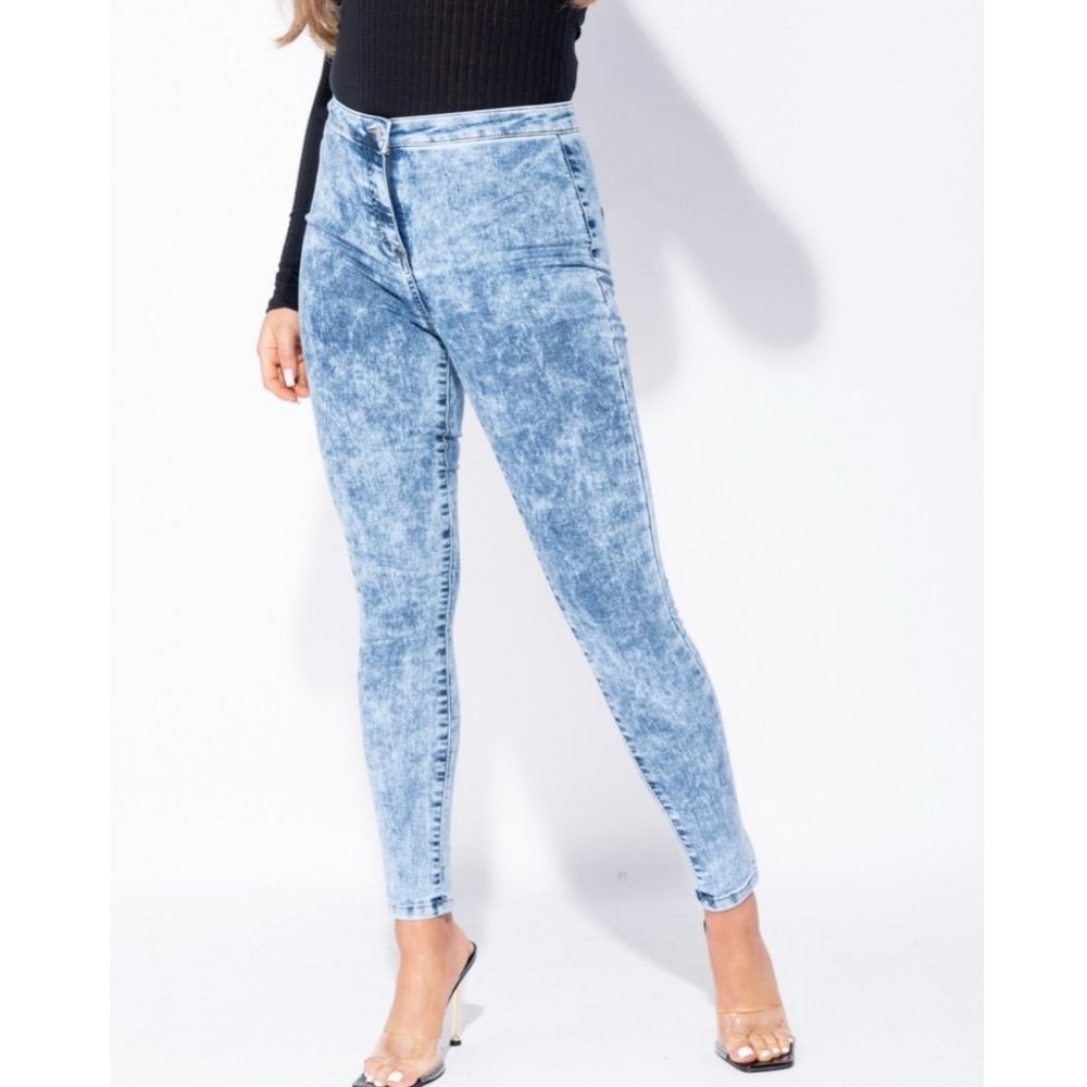 Blue Acid Wash High Waist Skinny Denim Jeggings Pants - Picture 5 of 8